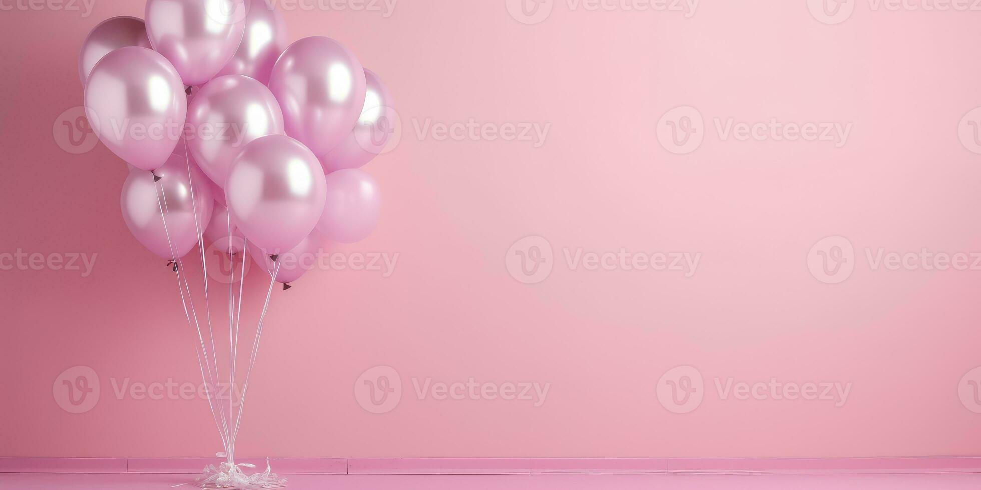 Pink balloons on a pink background, with space for text. Banner pink. Generative AI photo
