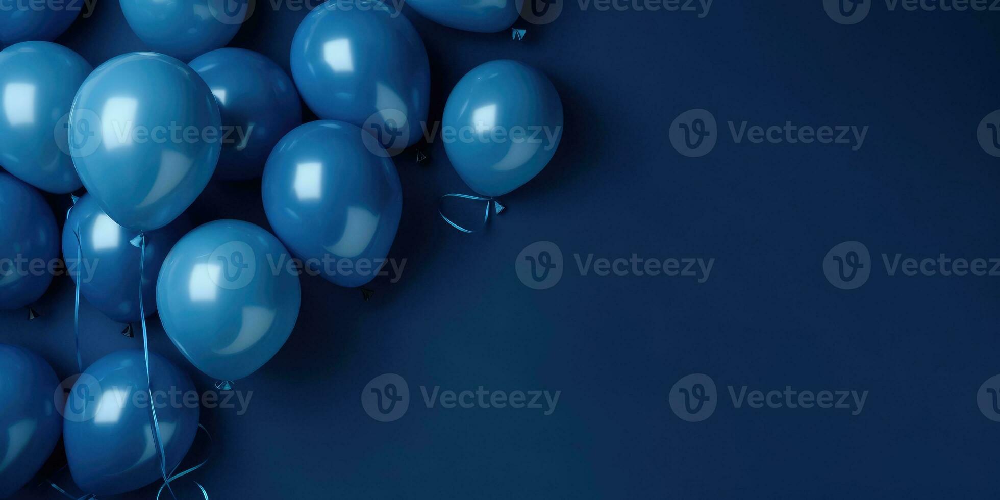 Dark blue balloons on a blue background, with space for text. The banner is dark blue. Generative AI photo