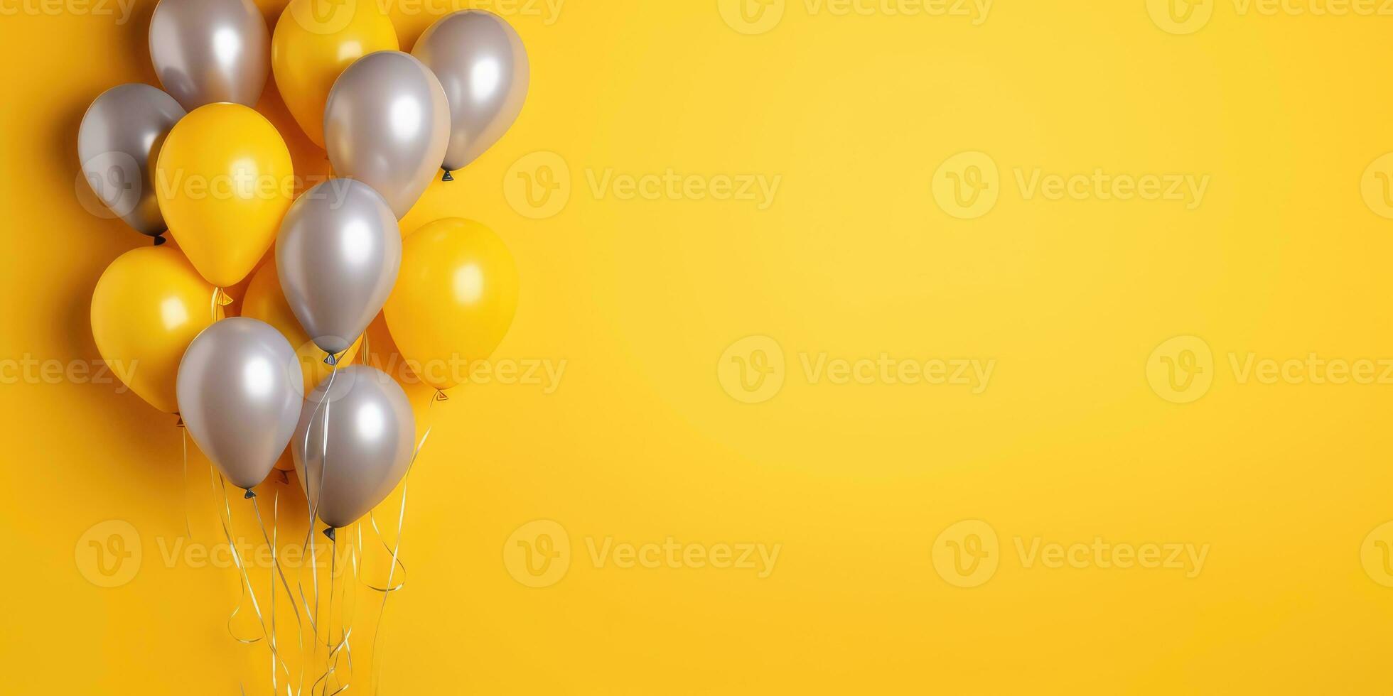 Bright yellow balloons on a yellow background, with a place for text. The banner is yellow. Generative AI photo