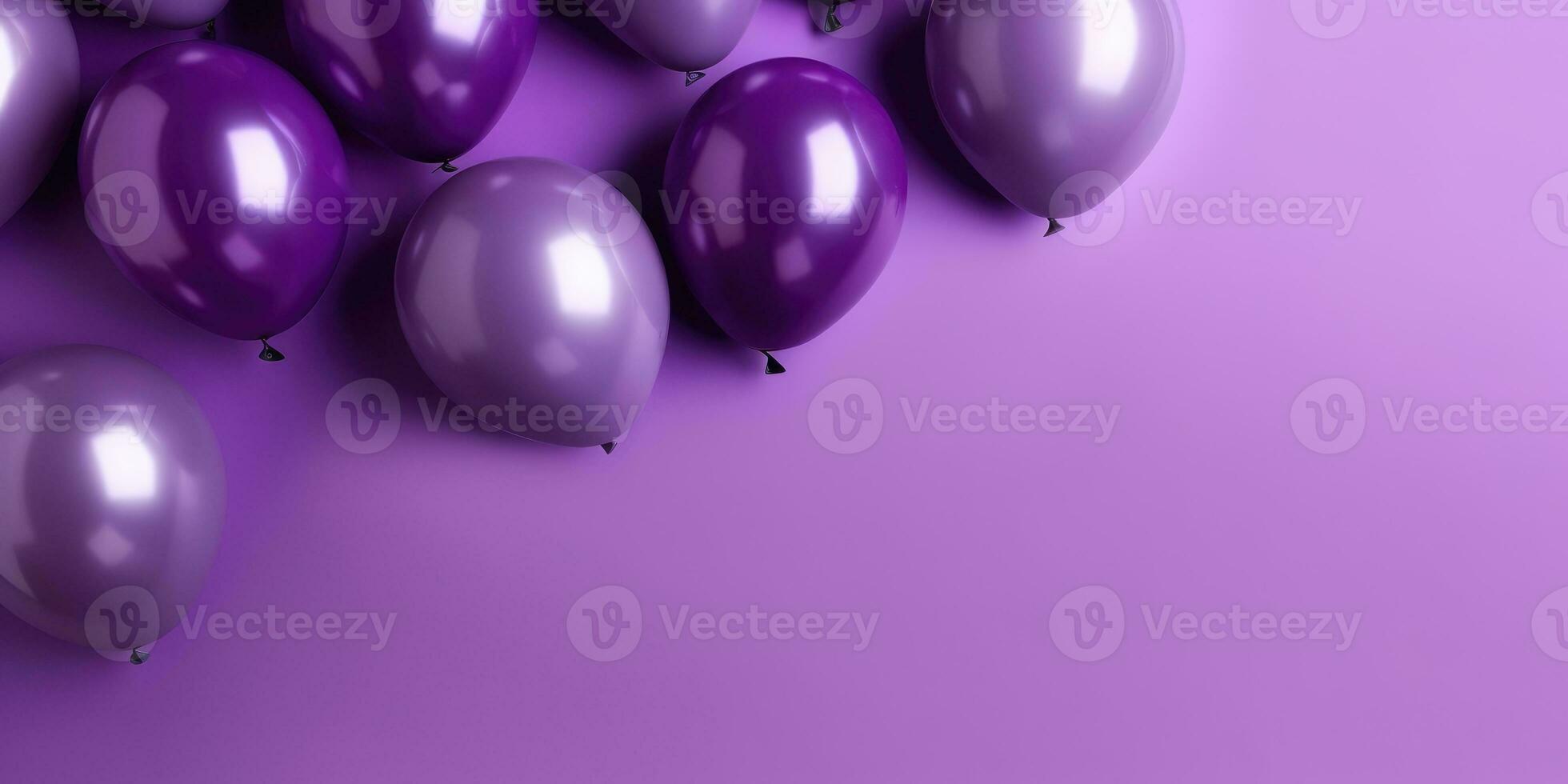 Purple balloons on a purple background, with space for text. Purple banner. Generative AI photo