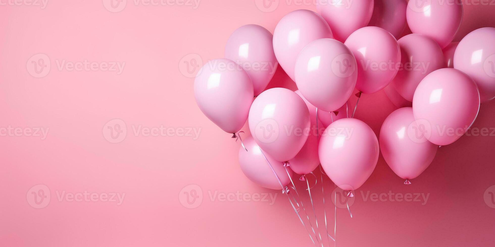 Pink balloons on a pink background, with space for text. Banner pink. Generative AI photo