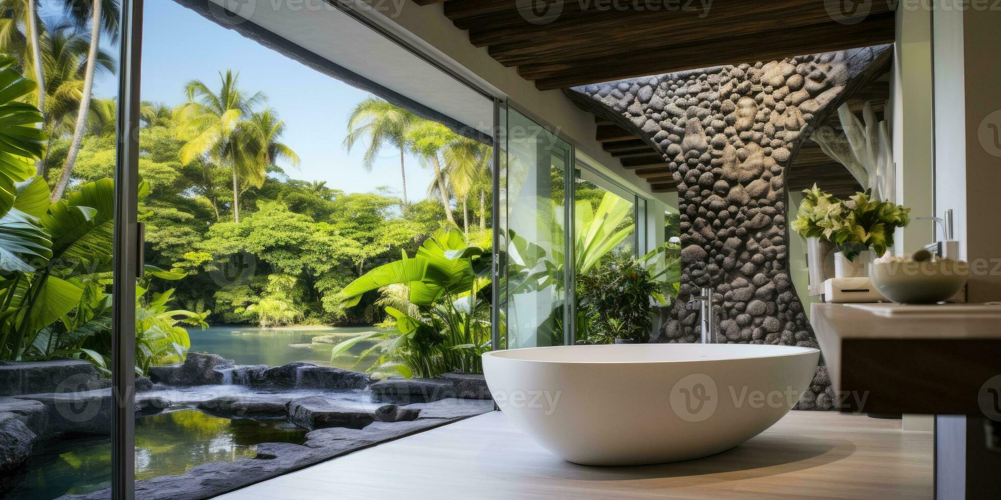 Modern bathroom with palm and tropical views. Generative AI photo