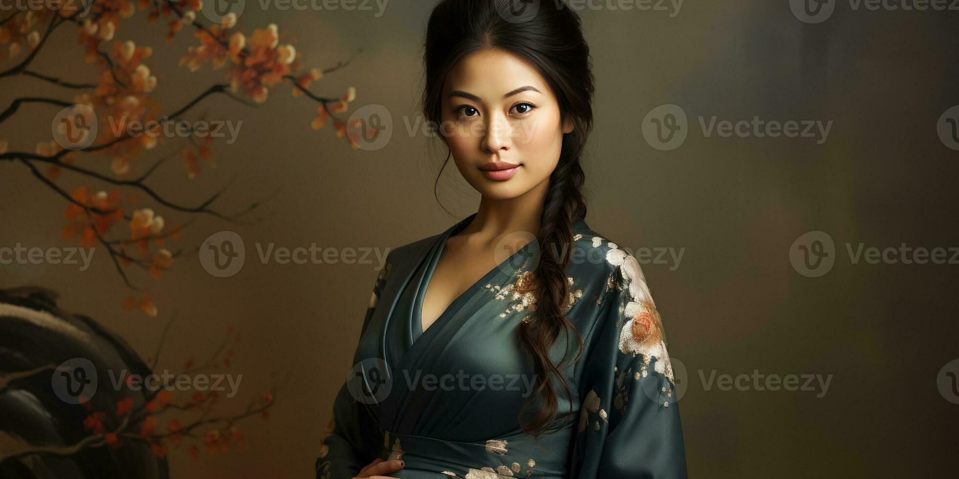 Pregnant beautiful Asian girl close-up. Generative AI photo