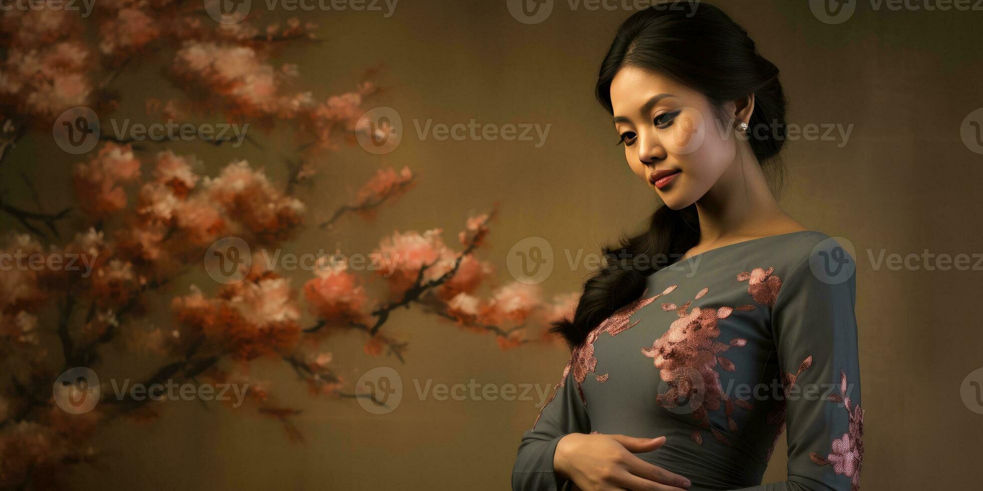 Pregnant beautiful Asian girl close-up. Generative AI photo