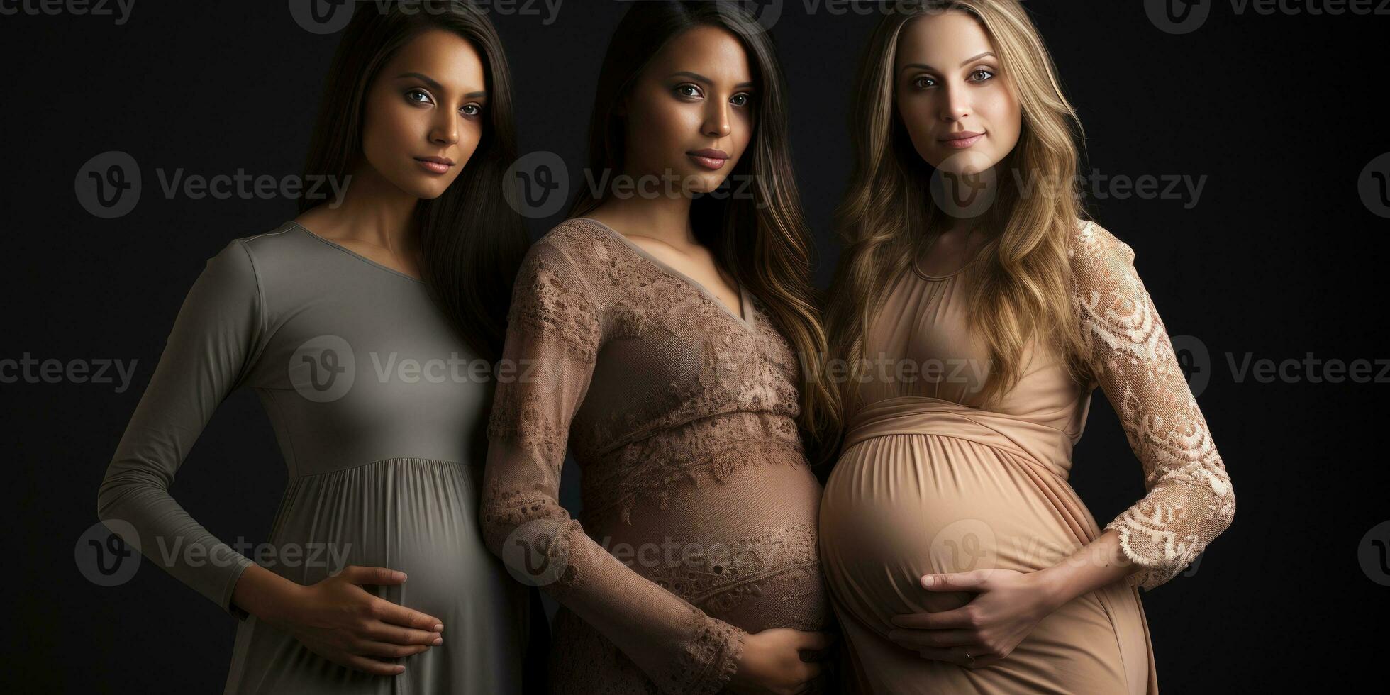 Three pregnant girls of different nationalities, close-up. Generative AI photo