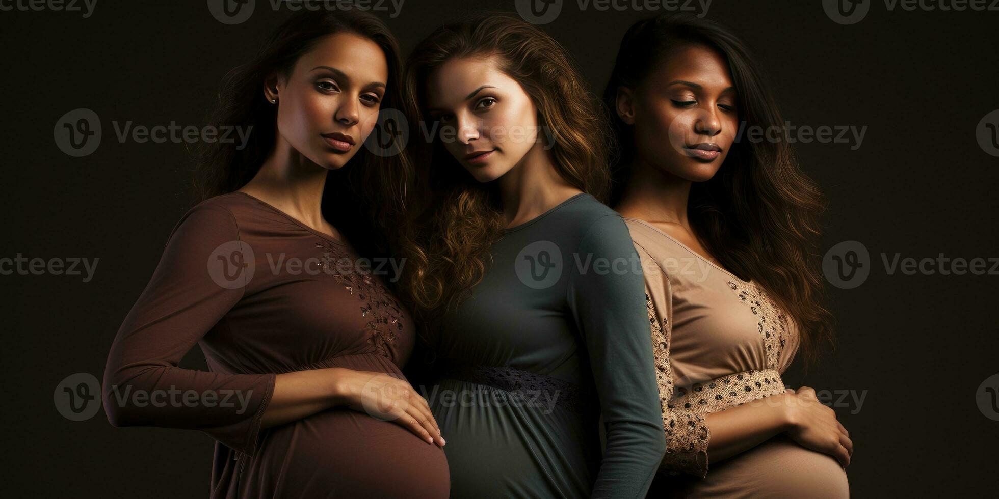 Three pregnant girls of different nationalities, close-up. Generative AI photo