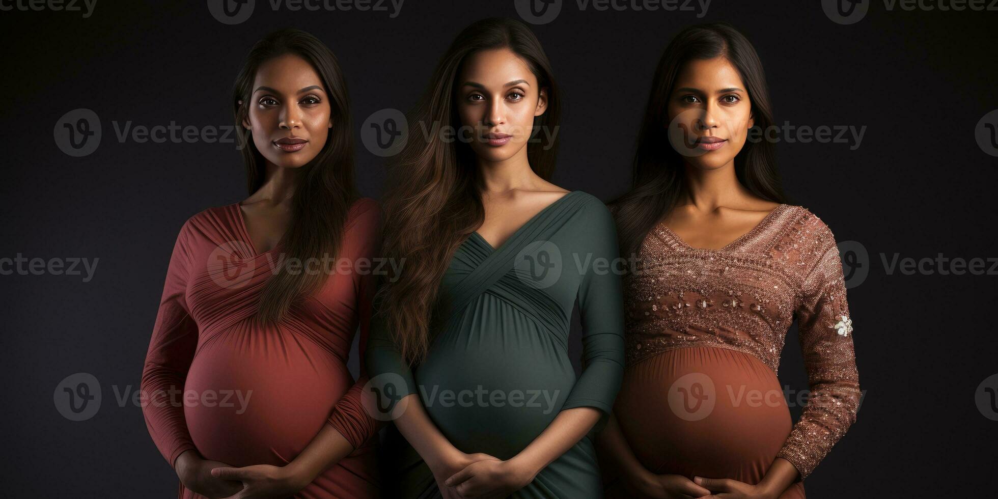 Three pregnant girls of different nationalities, close-up. Generative AI photo