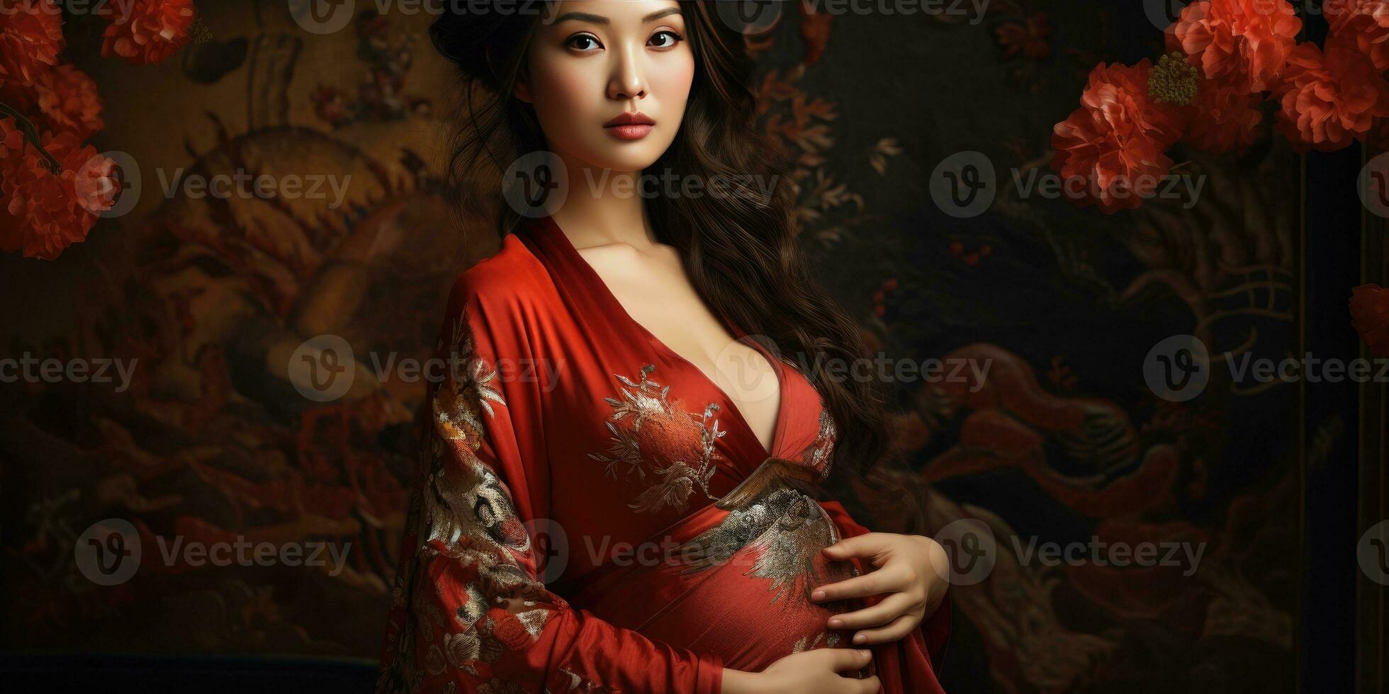embarazada hermosa asiático niña de cerca. generativo ai foto