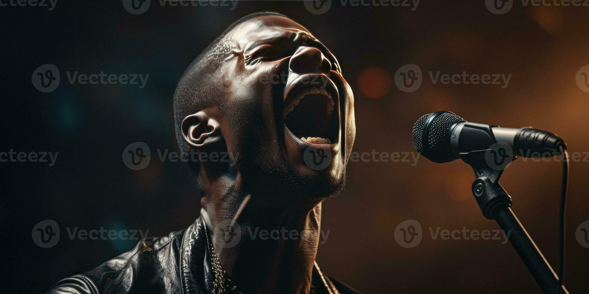 african man sings in karaoke. Generative AI photo