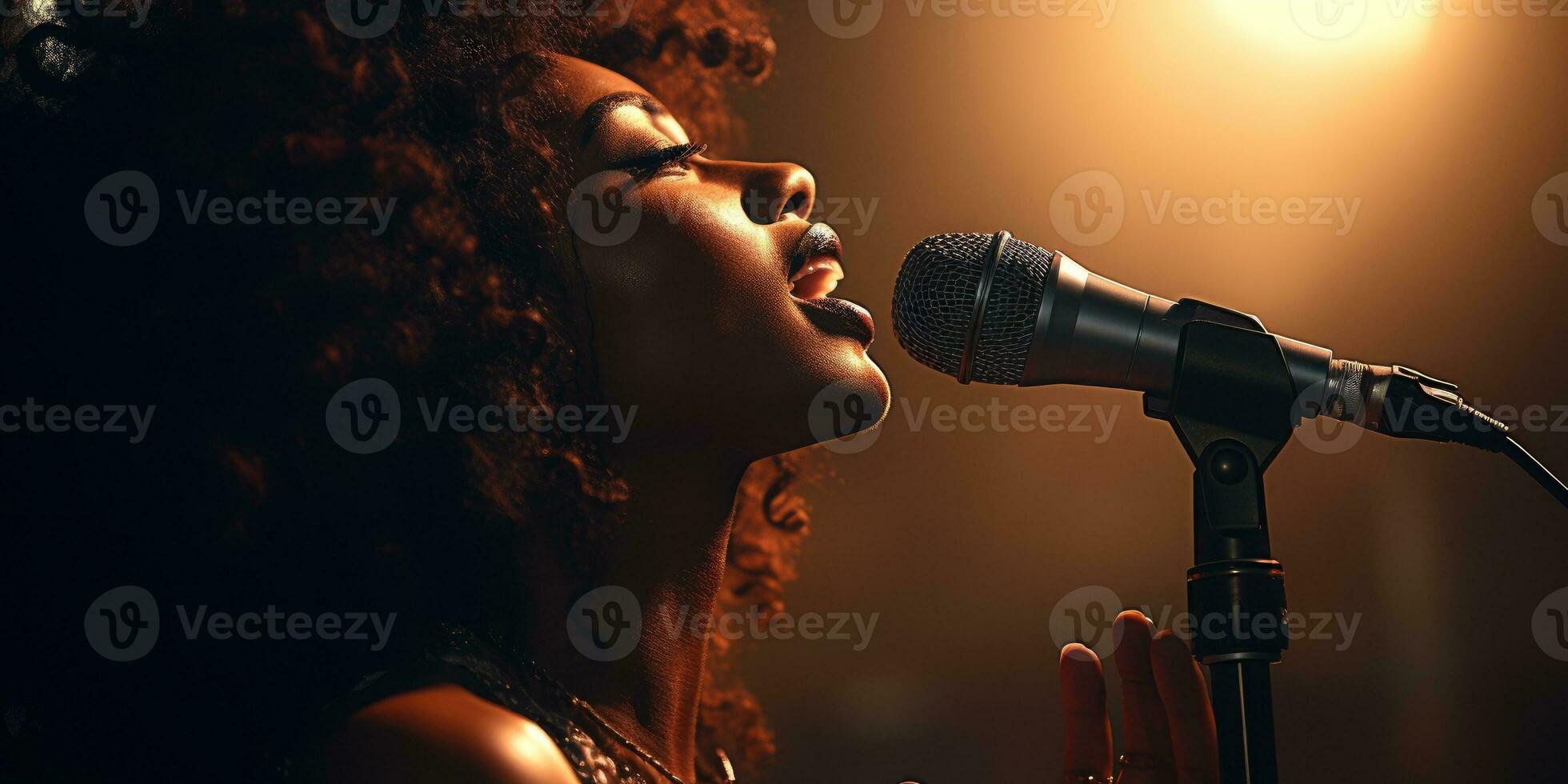 Young African woman sings in karaoke. Generative AI photo