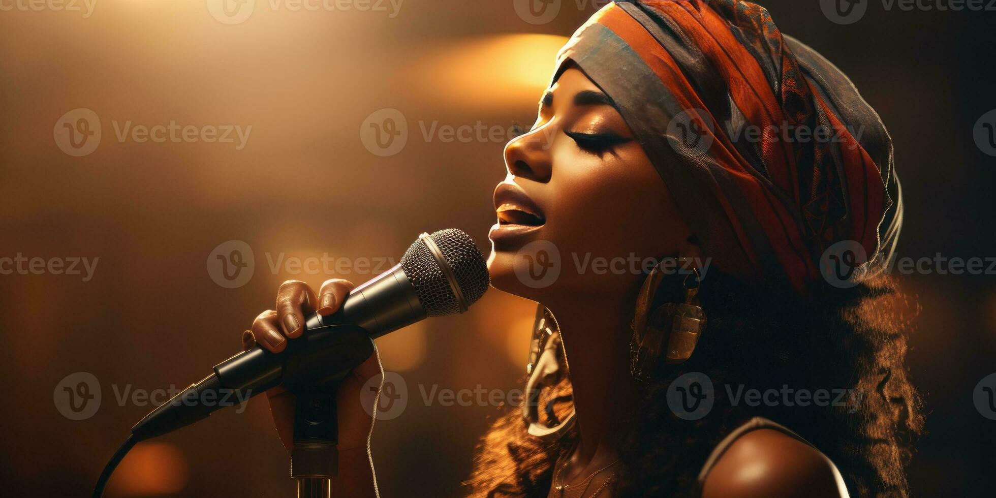 Young African woman sings in karaoke. Generative AI photo