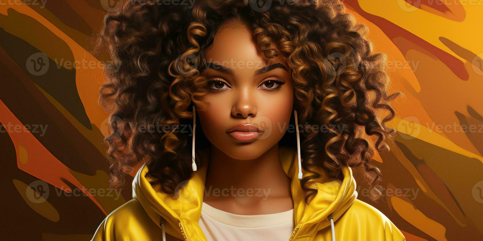 African girl in a yellow sweater on a yellow background. Generative AI photo