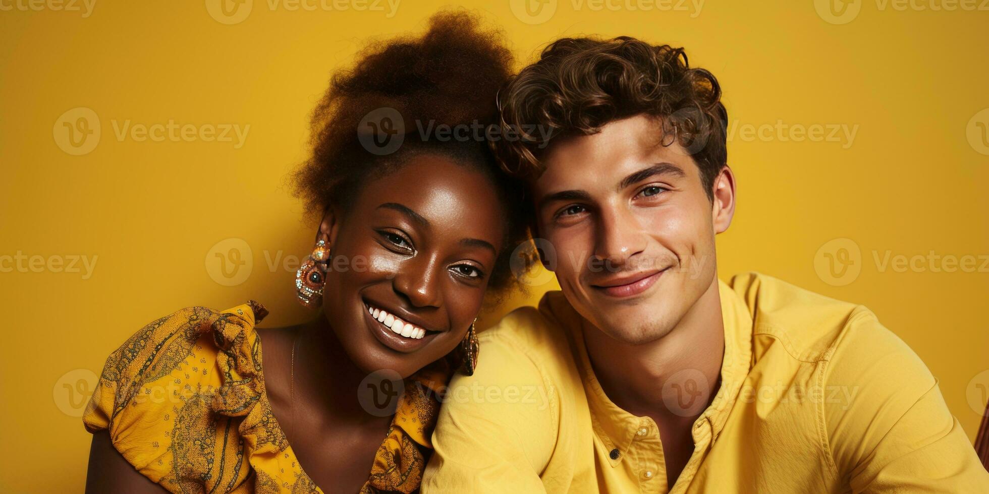 A girl and a guy on a yellow background, the theme of relationships. Generative AI photo