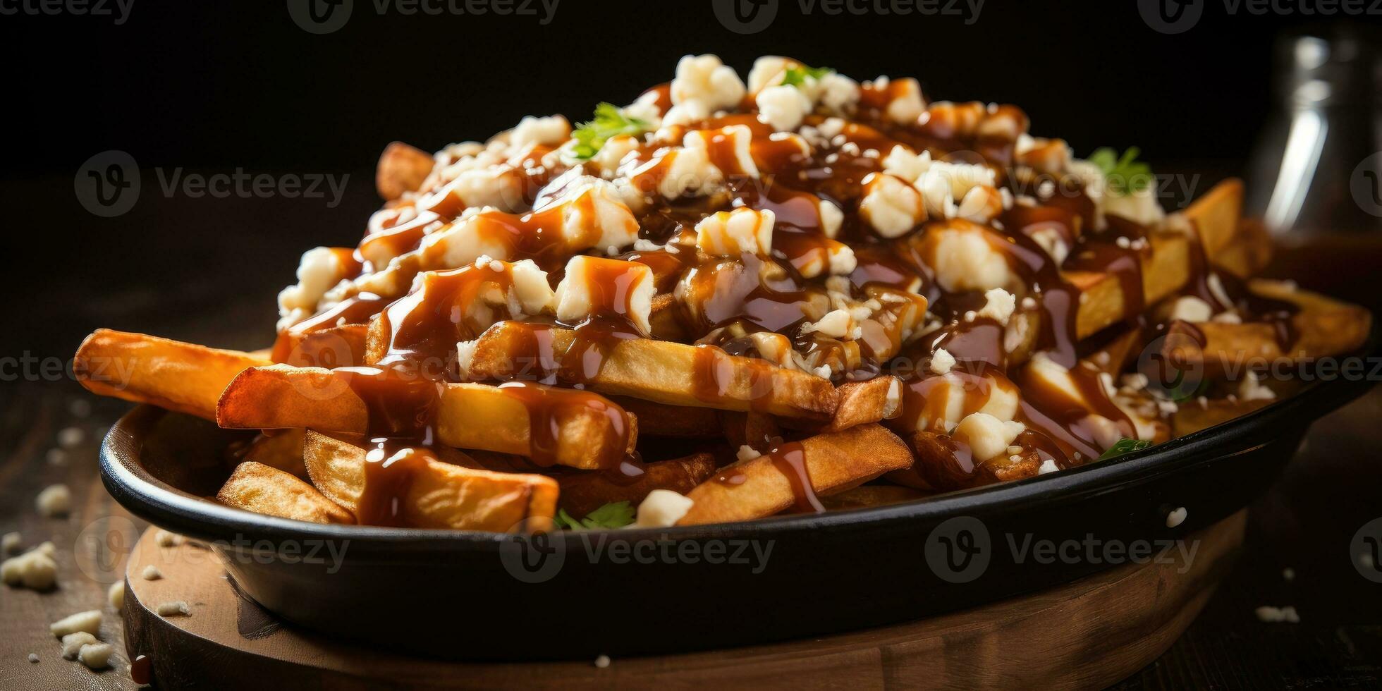 Canada's national dish, poutine. Close-up dish, potatoes and cheese. Generative AI photo