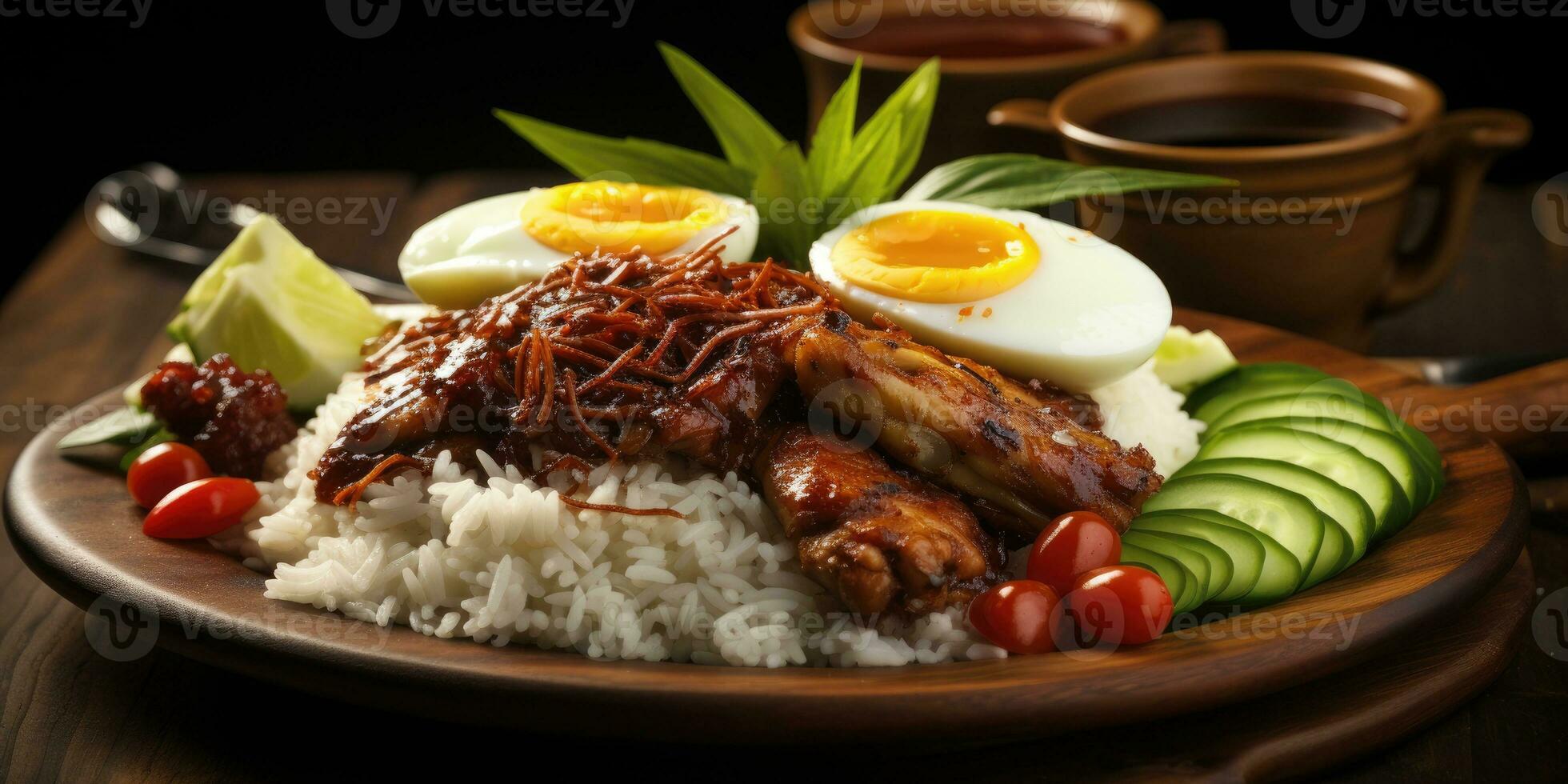 The national dish of Malaysia, nasi lemak. Dish close-up. Generative AI photo