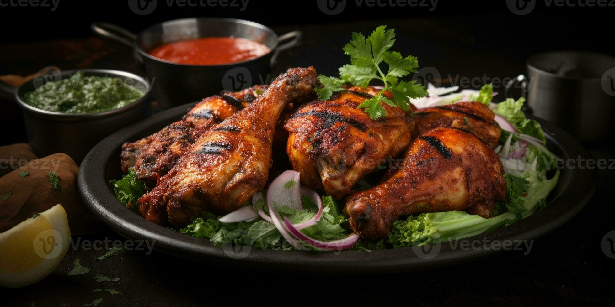 The national dish of India, tandoori chicken. Dish close-up. Generative AI photo