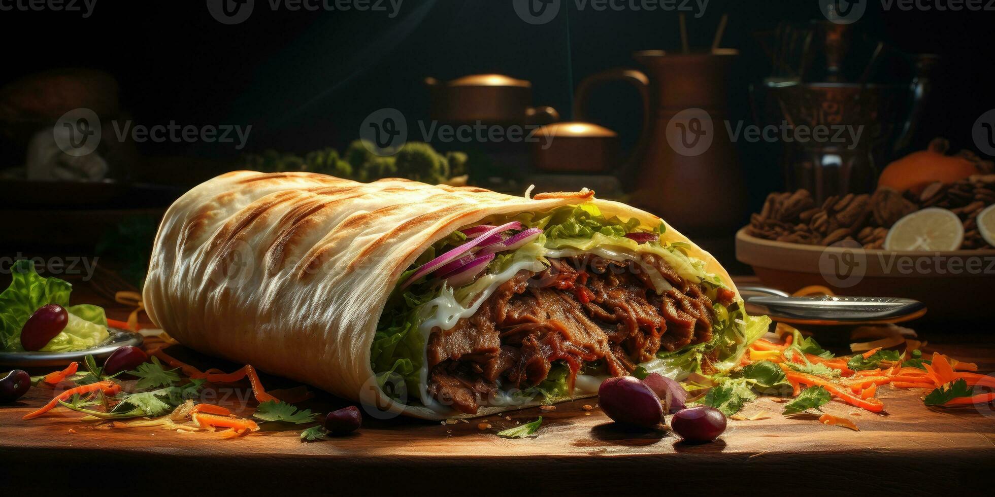 delicioso apetitoso shawarma. plato de cerca. generativo ai foto