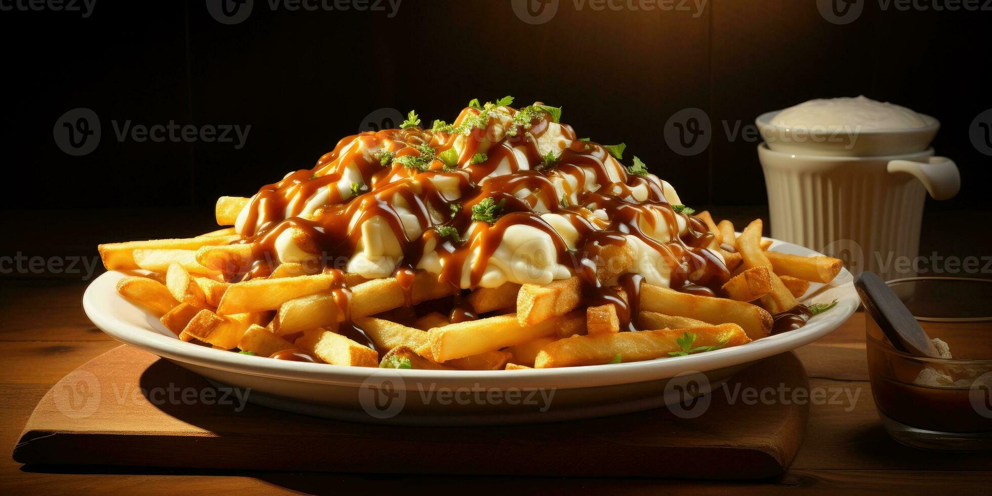 canadá nacional plato, poutine. de cerca plato, patatas y queso. generativo ai foto