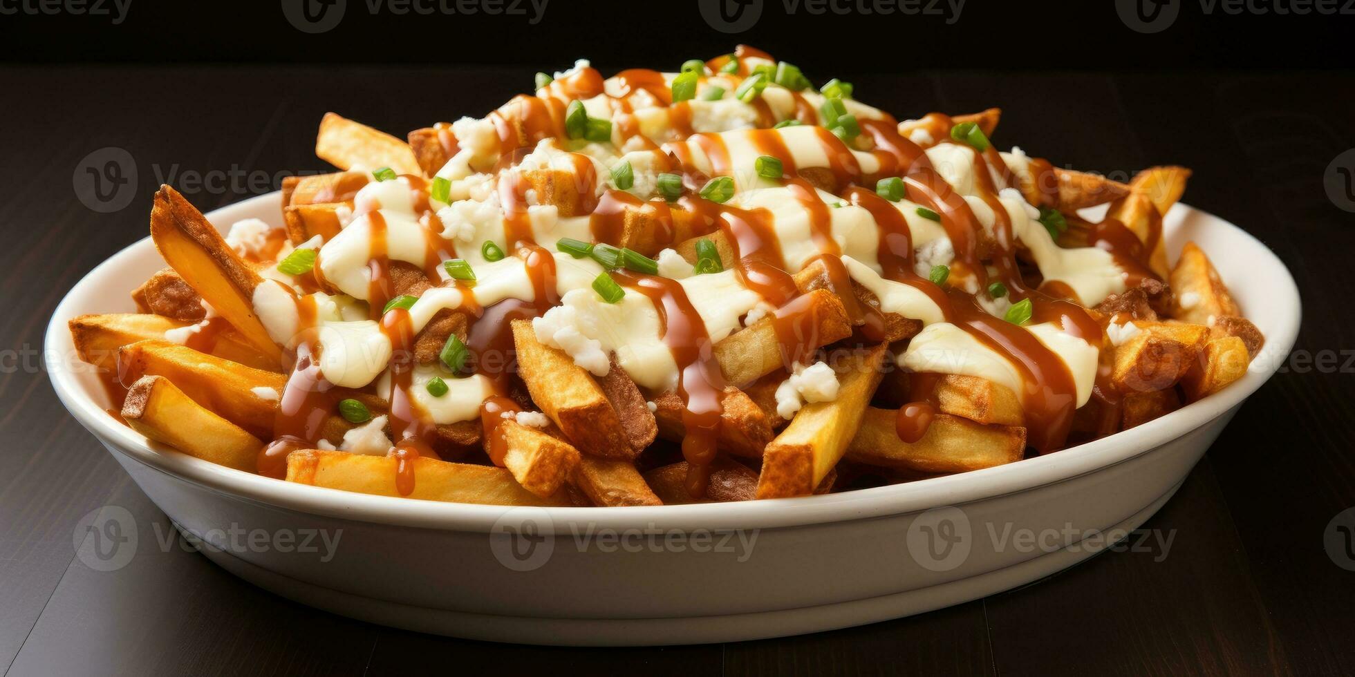 Canada's national dish, poutine. Close-up dish, potatoes and cheese. Generative AI photo