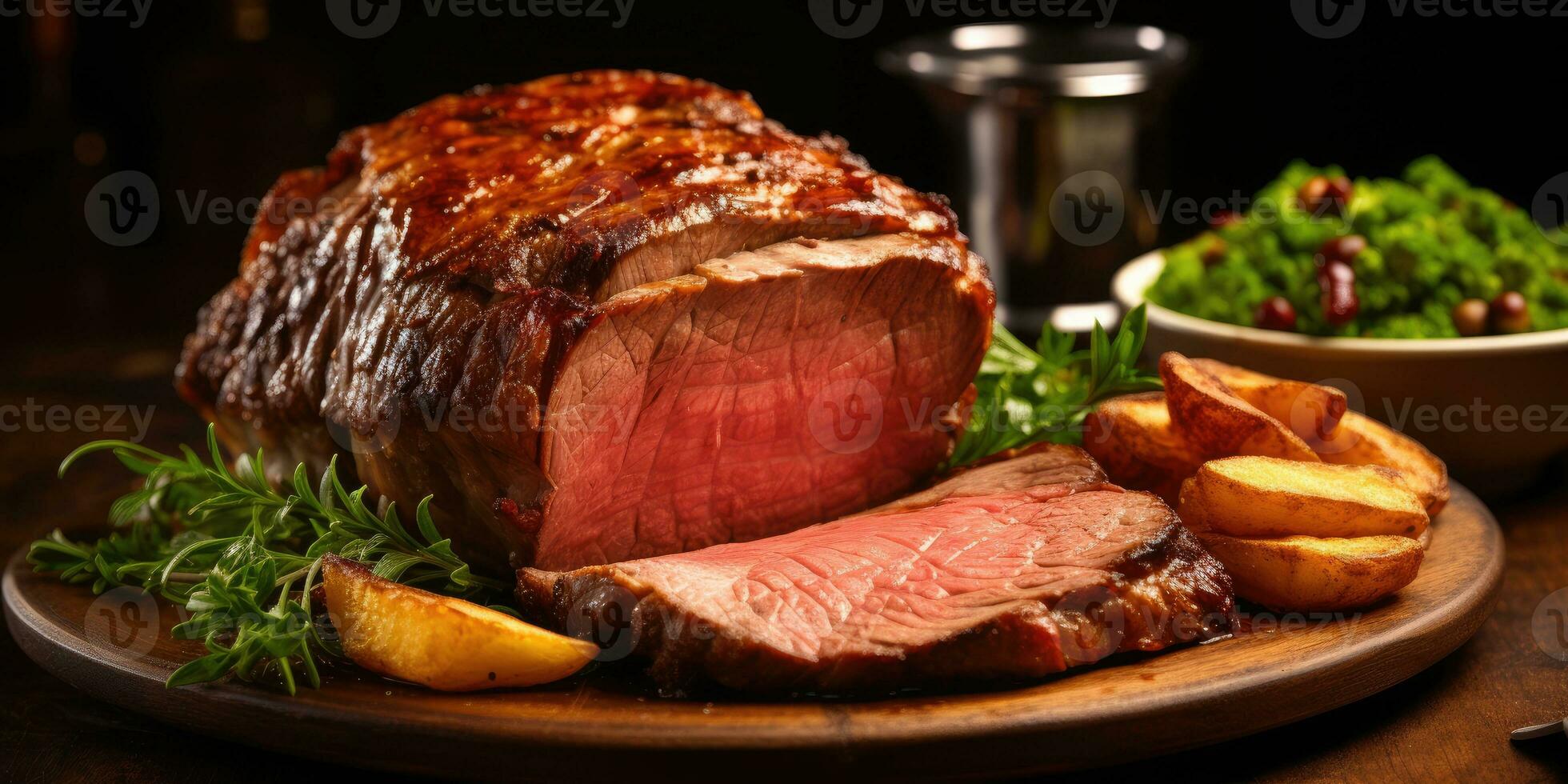 England's national dish, roast beef. Dish close-up. Meat. Generative AI