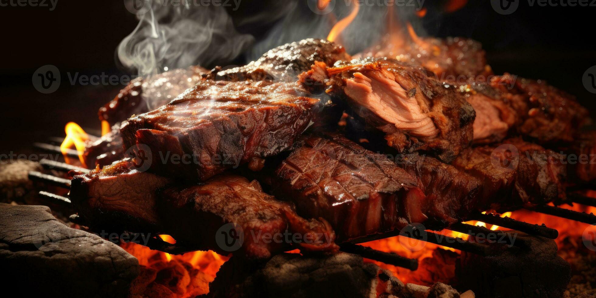 Delicious appetizing food. Dish close-up. Meat, potatoes, grill. Generative AI photo