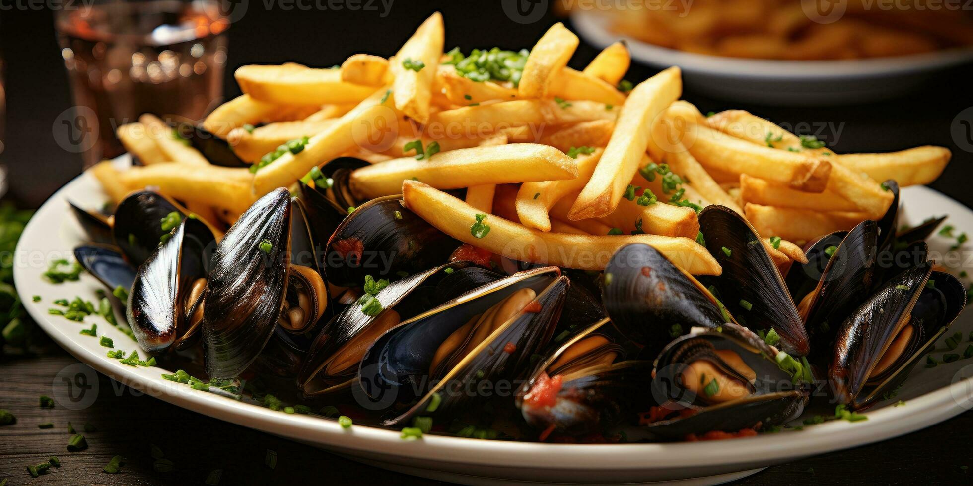 Belgian national dish, mussels with french fries. Dish closeup