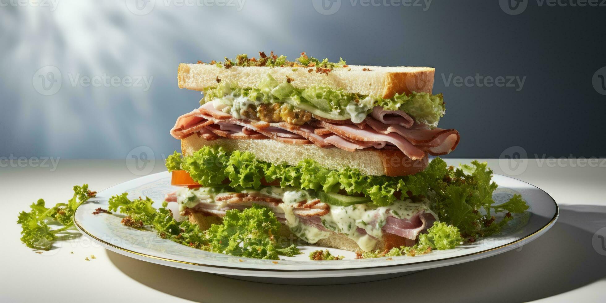 appetizing sandwich close-up, breakfast. Generative AI photo