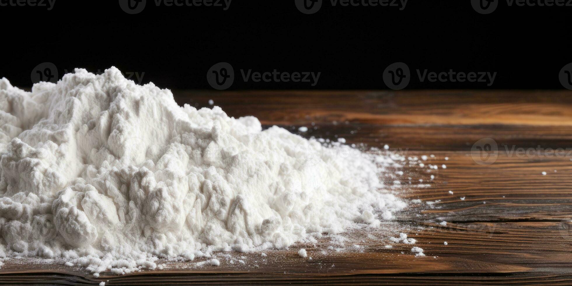 Flour on a wooden table close-up. Generative AI photo