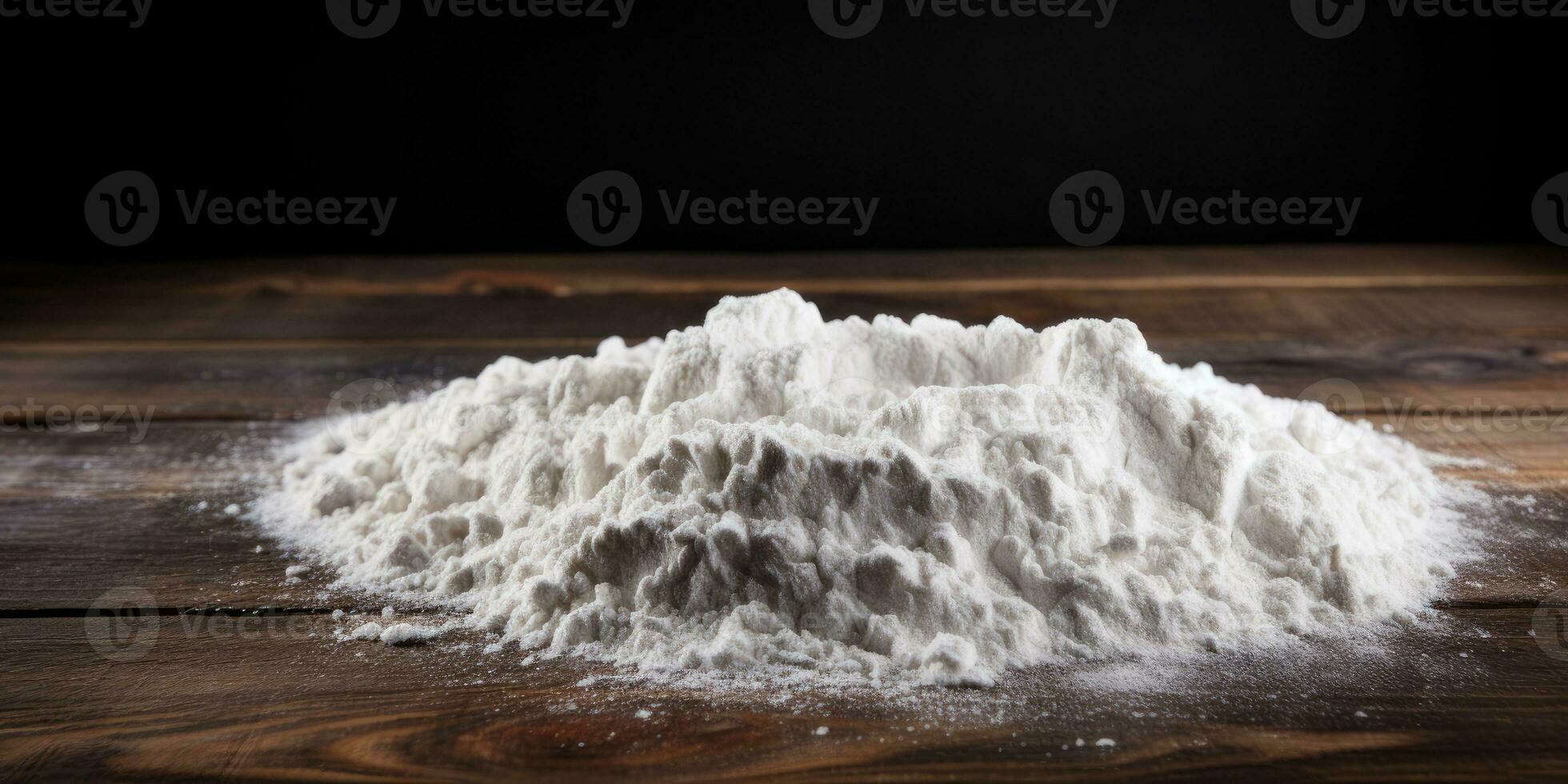 Flour on a wooden table close-up. Generative AI photo