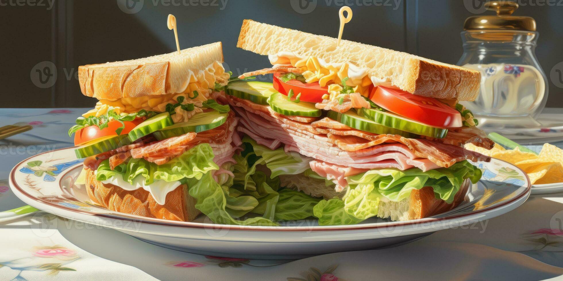 appetizing sandwich close-up, breakfast. Generative AI photo