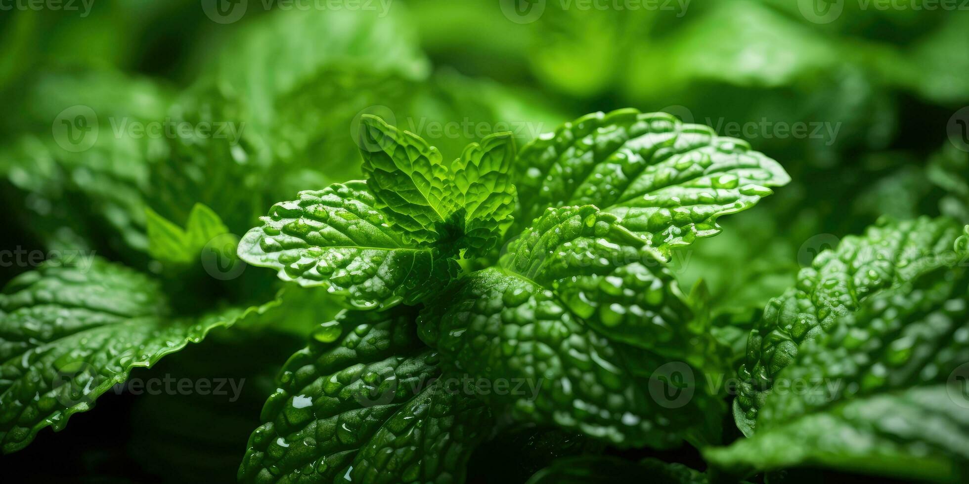 Fresh mint close-up. Dew drops on leaves. Vegetarian theme. Generative AI photo
