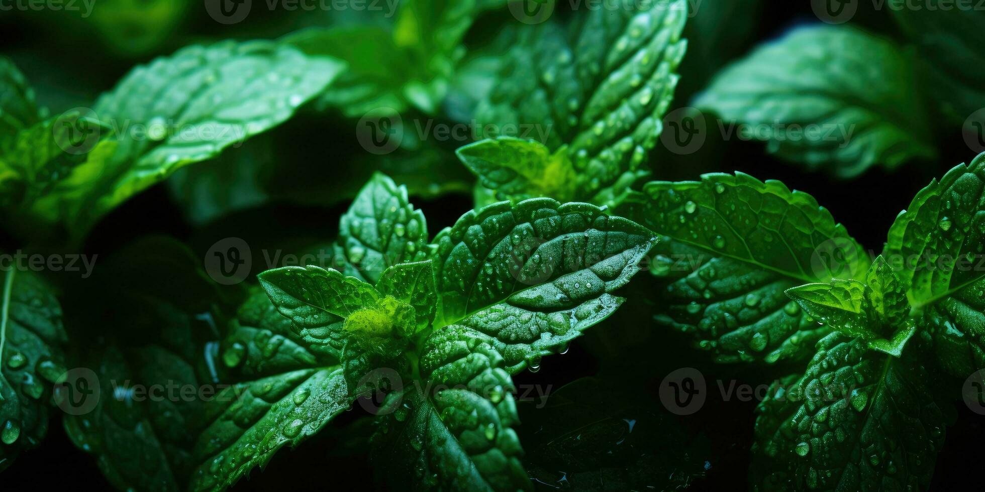 Fresh mint close-up. Dew drops on leaves. Vegetarian theme. Generative AI photo