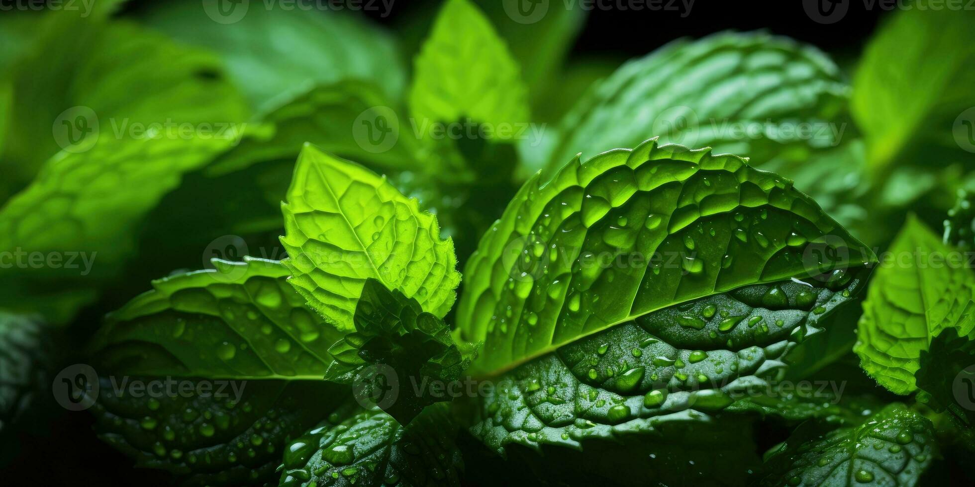 Fresh mint close-up. Dew drops on leaves. Vegetarian theme. Generative AI photo