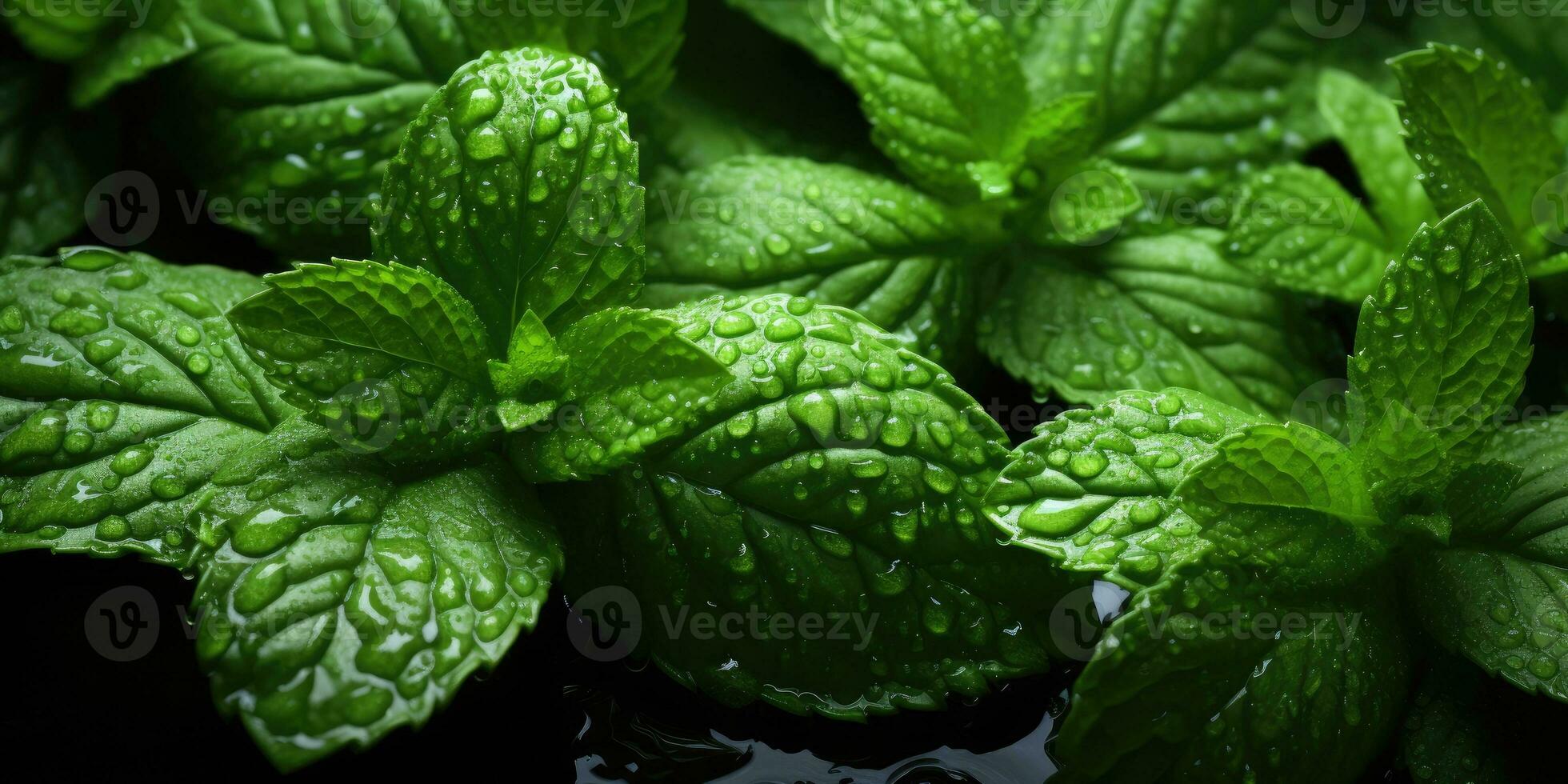 Fresh mint close-up. Dew drops on leaves. Vegetarian theme. Generative AI photo