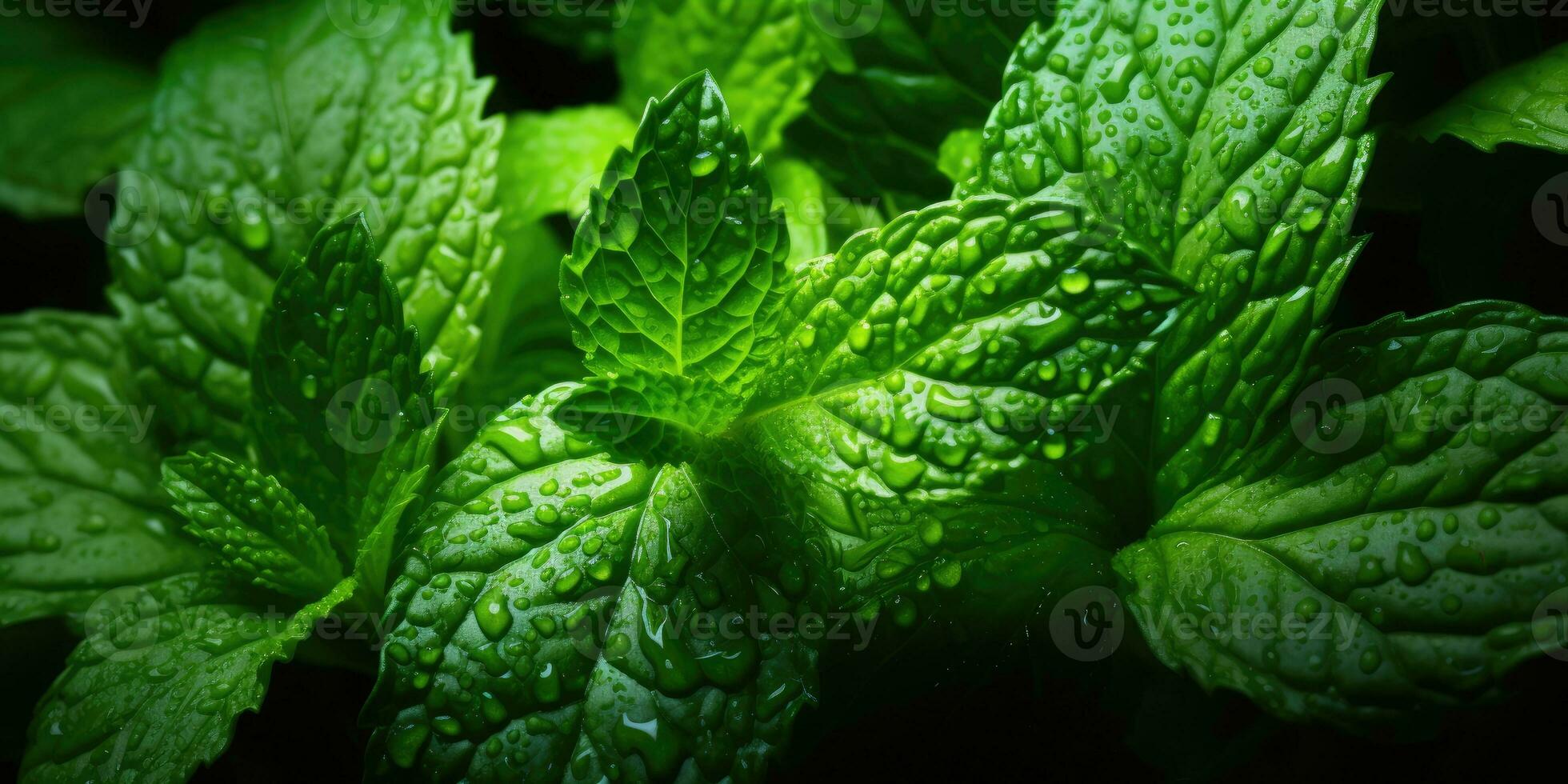 Fresh mint close-up. Dew drops on leaves. Vegetarian theme. Generative AI photo