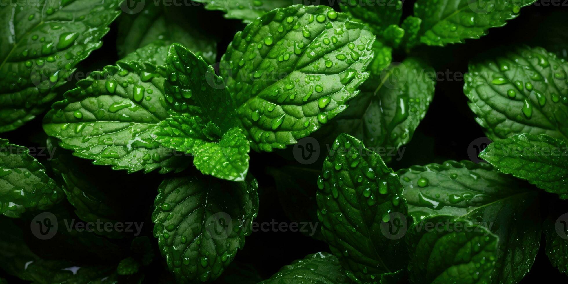 Fresh mint close-up. Dew drops on leaves. Vegetarian theme. Generative AI photo