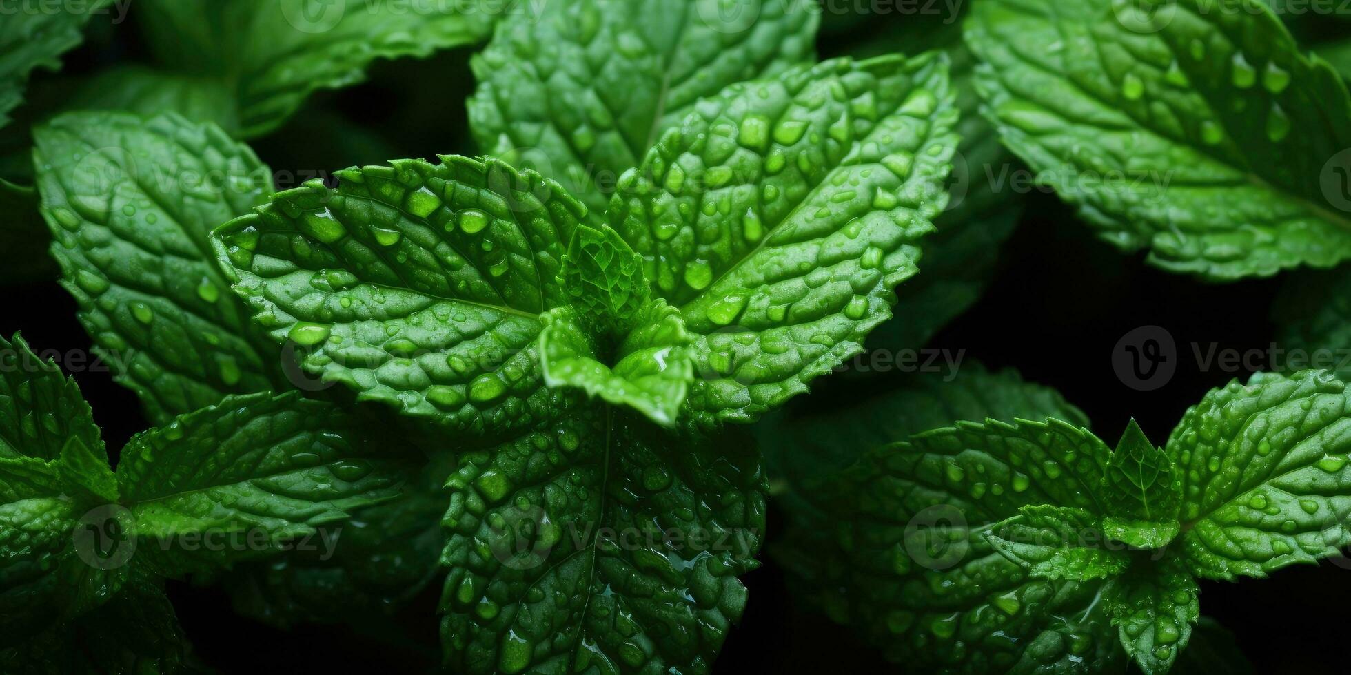 Fresh mint close-up. Dew drops on leaves. Vegetarian theme. Generative AI photo