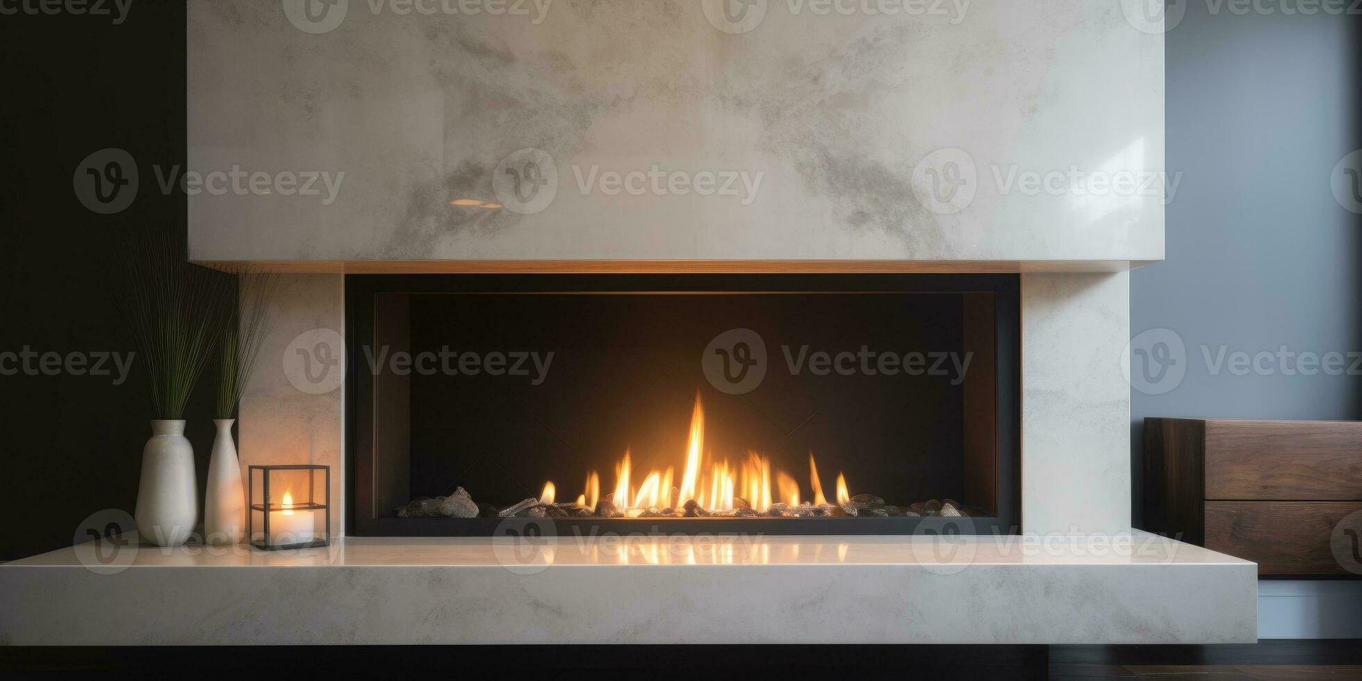 Image of a modern fireplace. Neutral colors. Minimalism. Generative AI photo