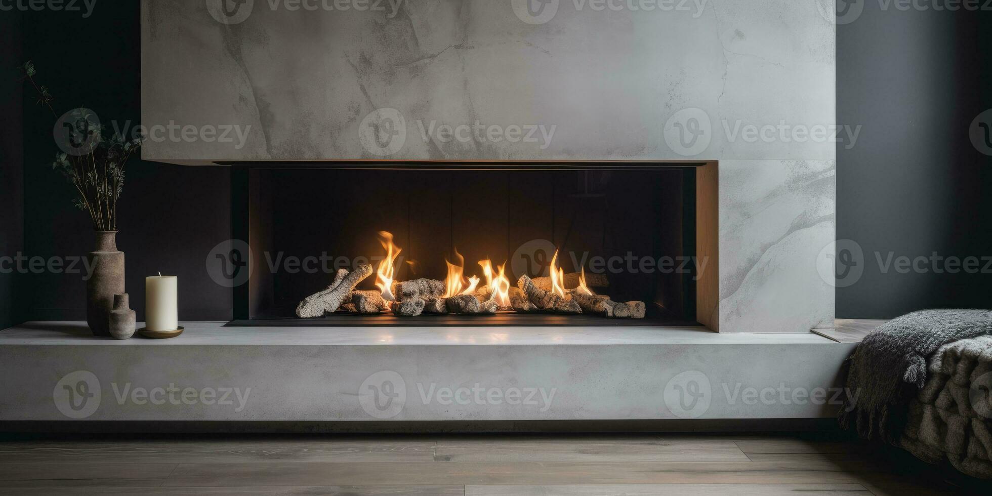 Image of a modern fireplace. Neutral colors. Minimalism. Generative AI photo