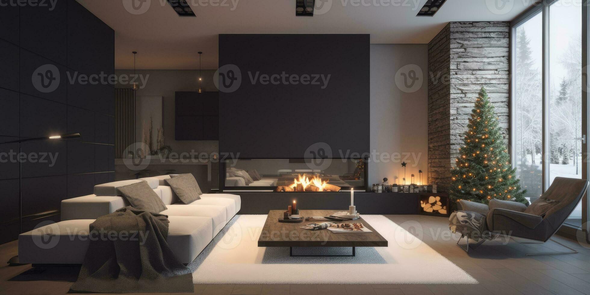 Fireplace in modern living room. New Year's interior. Neutral colors. Minimalism. Generative AI photo