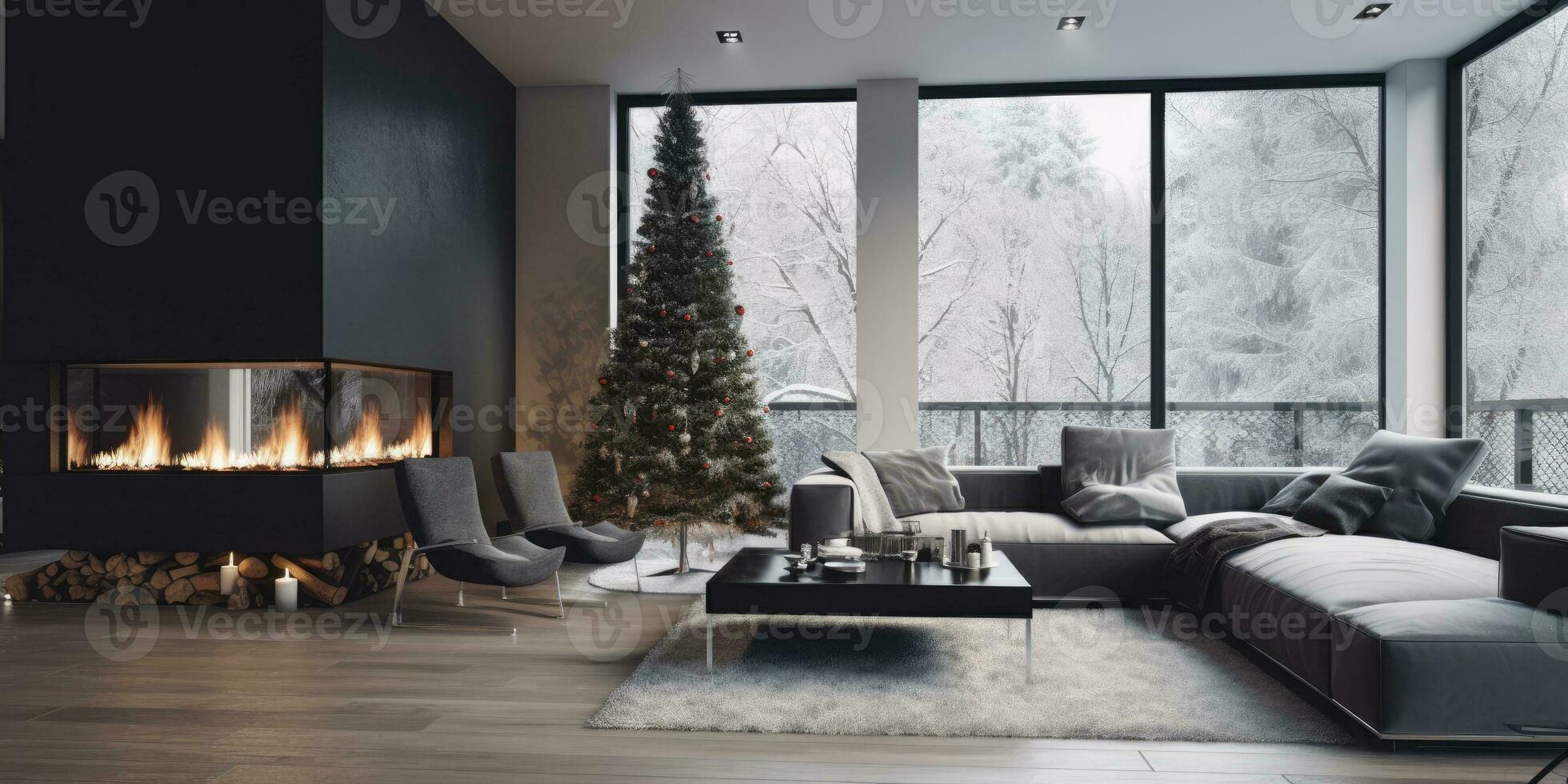 Fireplace in modern living room. New Year's interior. Neutral colors. Minimalism. Generative AI photo