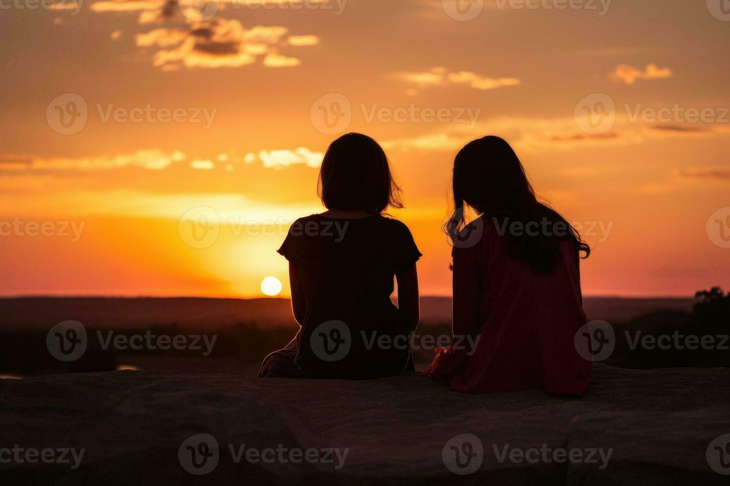 two girls enjoying a beautiful sunset while sitting on a rock photo