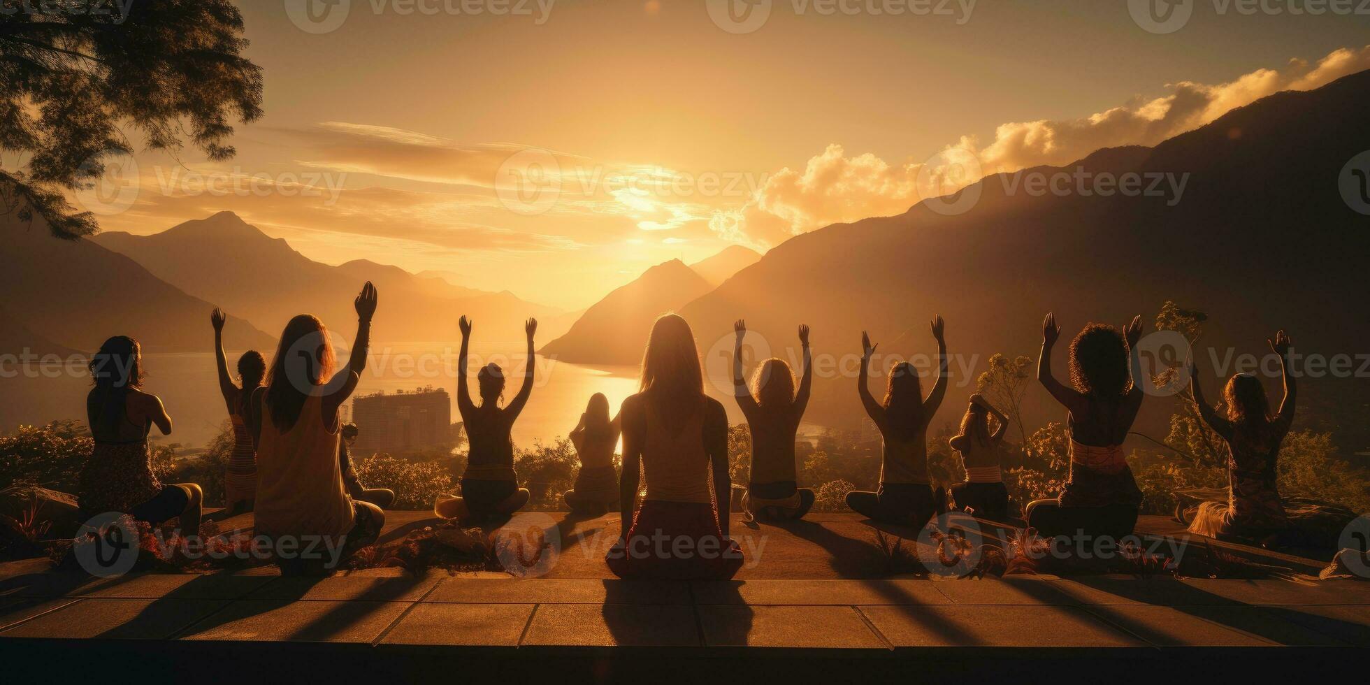 a group of people doing yoga by the water at sunset. Generative AI photo