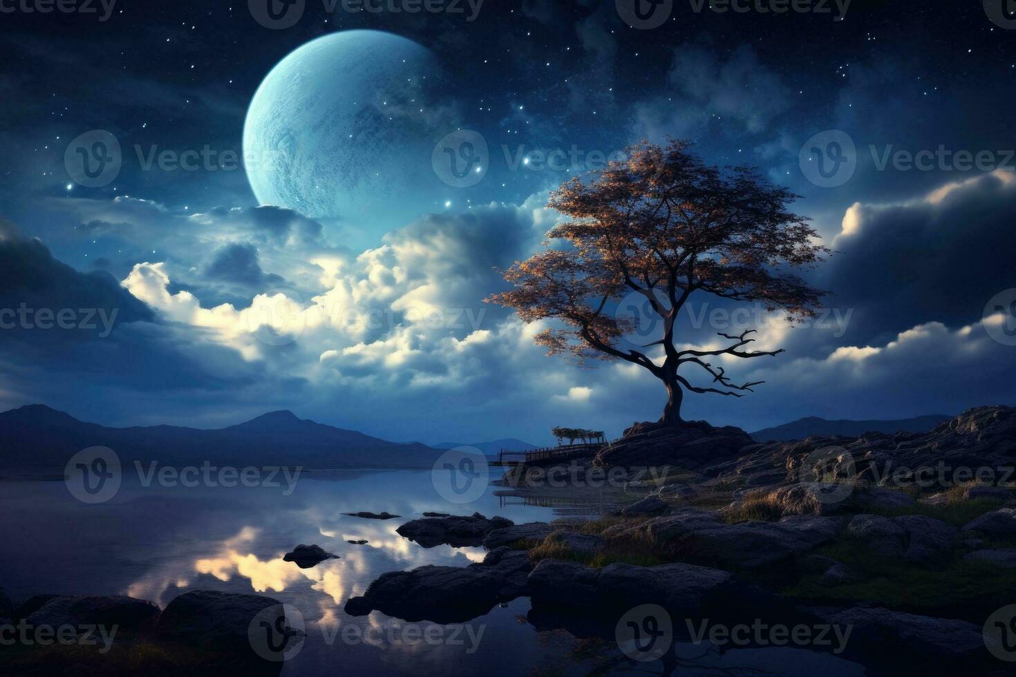 a majestic tree against a moonlit rocky shore photo