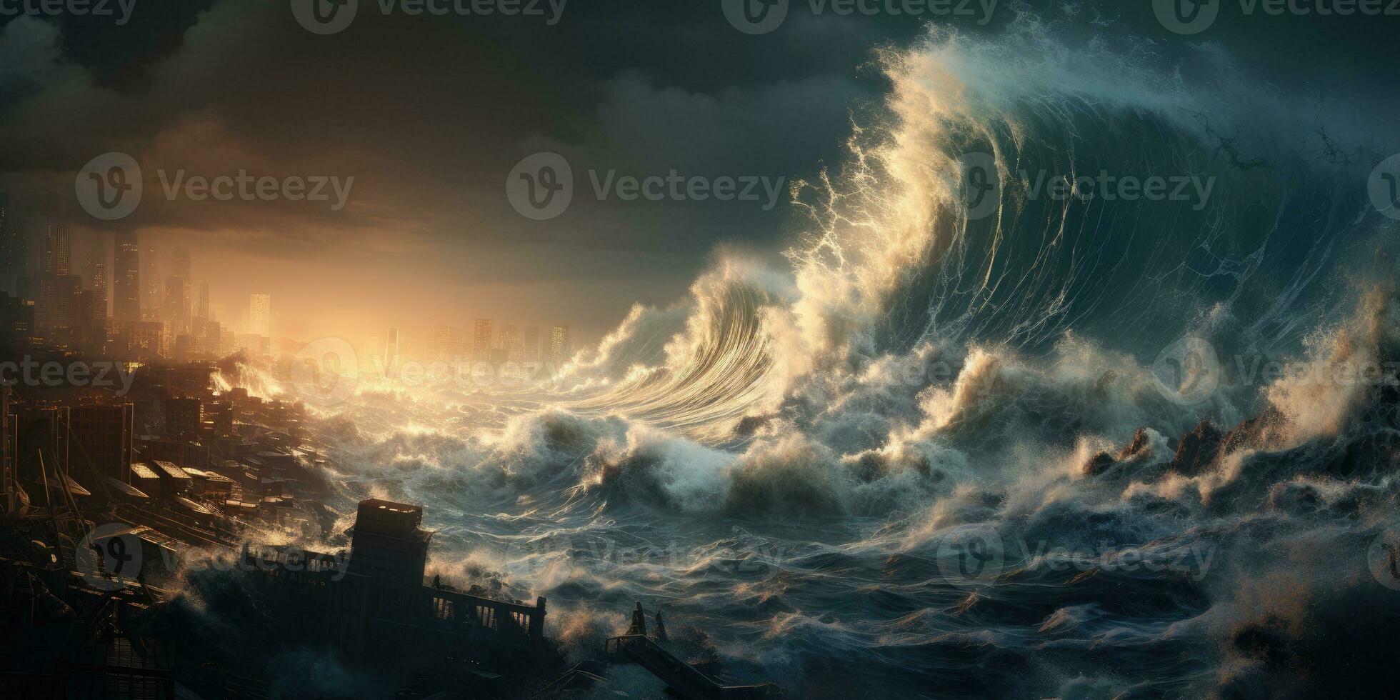 natural disaster tsunami on the island, flood, storm. Generative AI photo