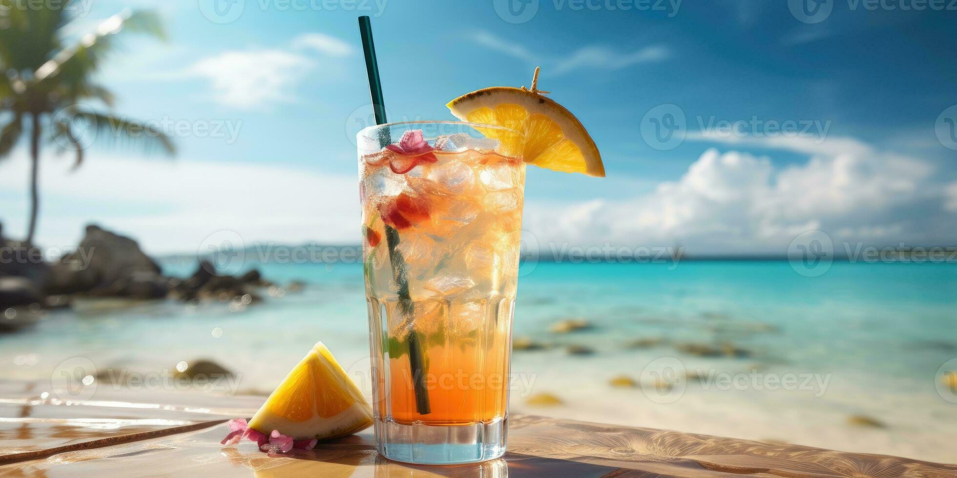 Cocktail on the beach. Orange cocktail with ice. Generative AI photo