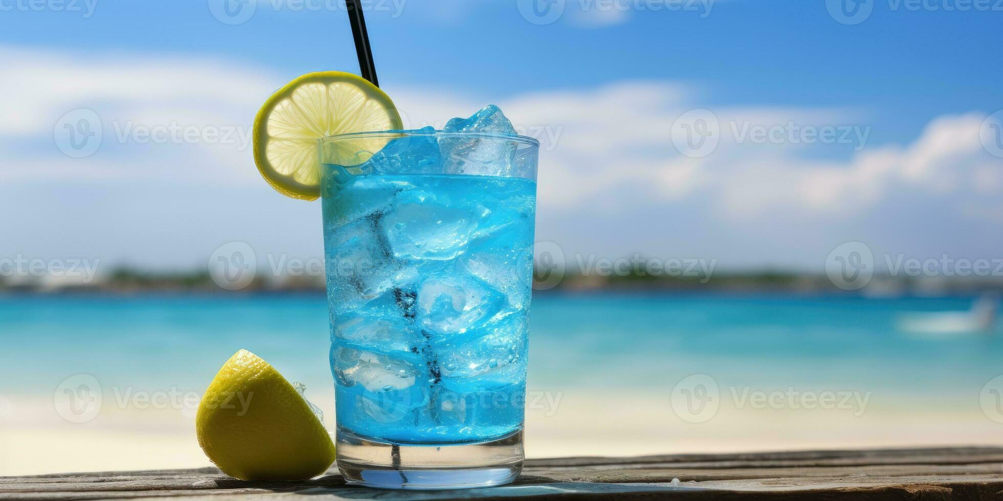 Cocktail on the beach. Blue lagoon with ice. Generative AI photo