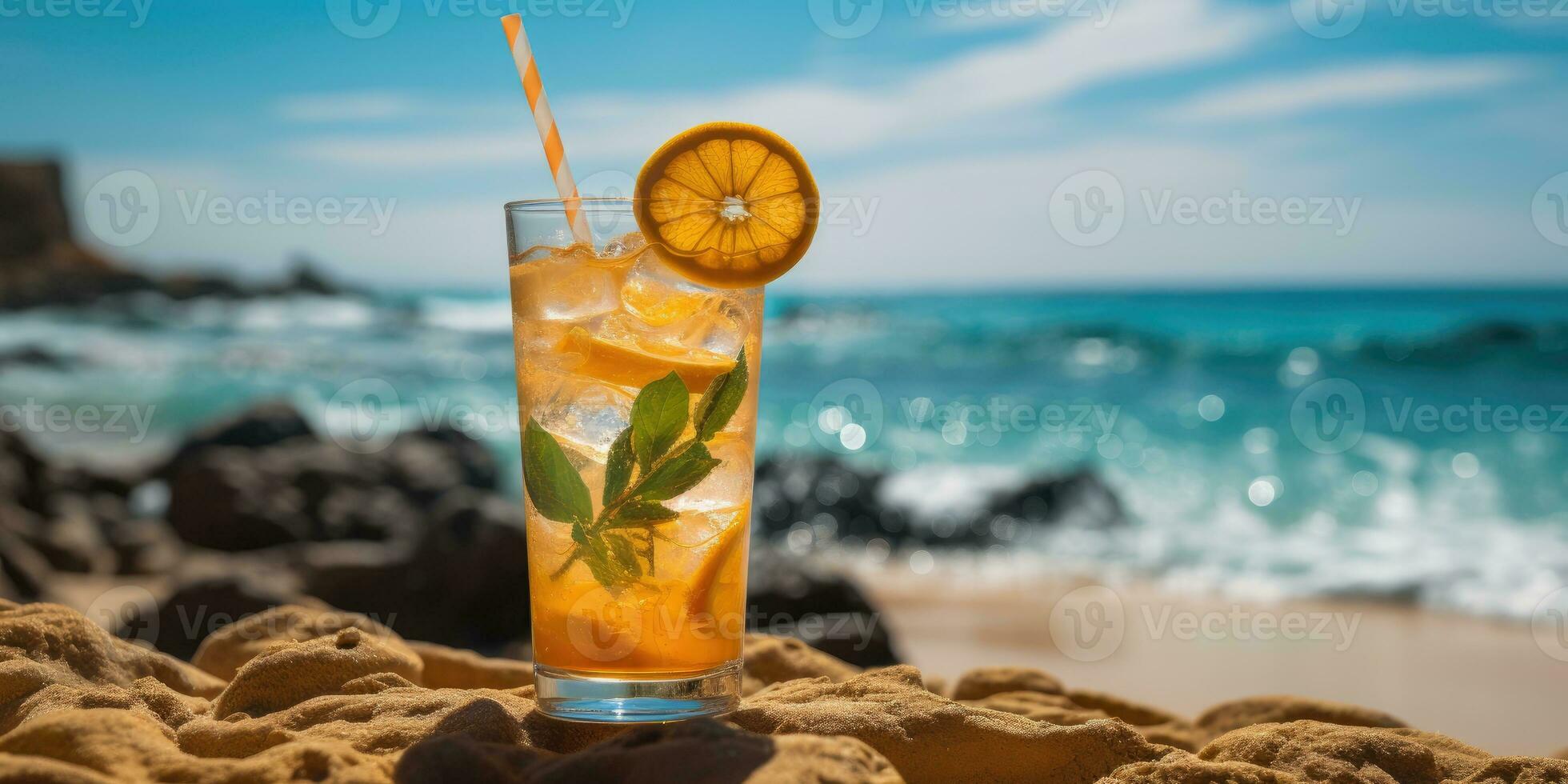 Cocktail on the beach. Orange cocktail with ice. Generative AI photo