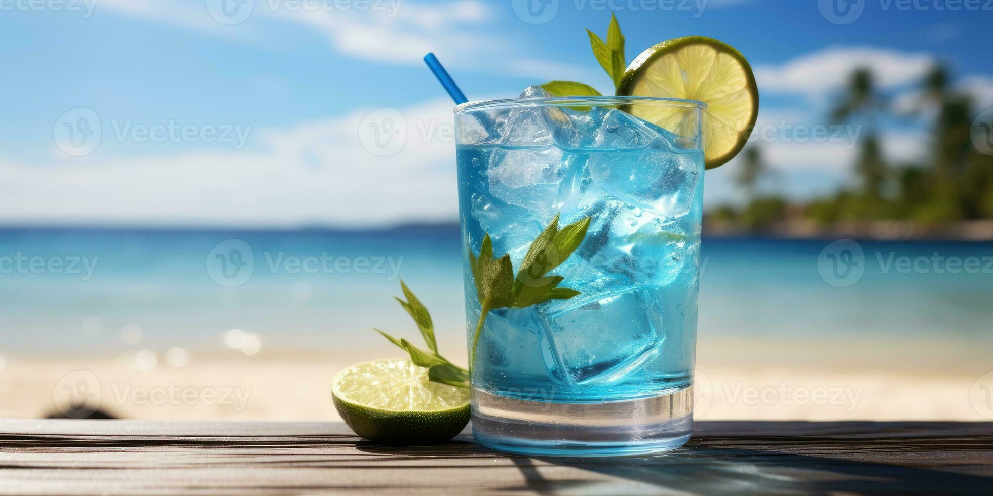 Cocktail on the beach. Blue lagoon with ice. Generative AI photo
