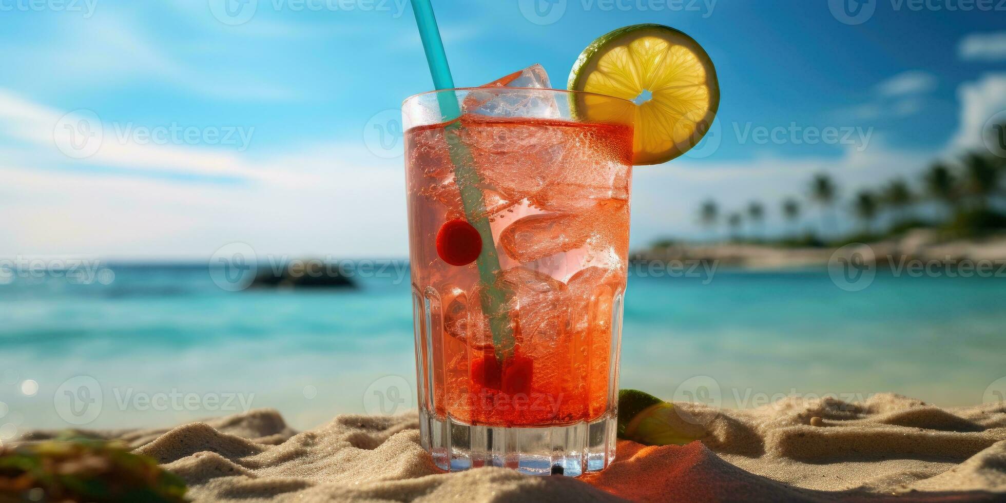 Cocktail on the beach. Refreshing cocktail with ice. Generative AI photo